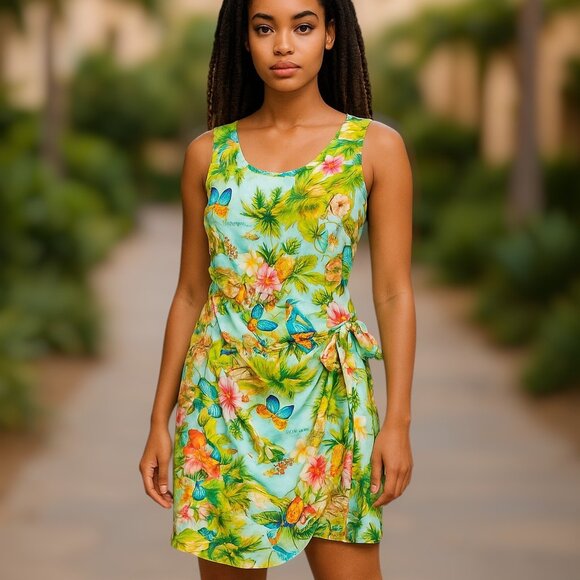 Tropical Holiday Party Caribbean Floral Dress Light Faux Wrap Skirt Size S/M - Picture 1 of 16